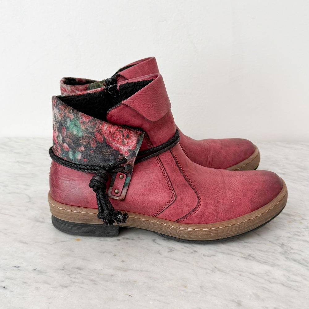 Rieker Ankle Boots Floral Boho 40 Red Burnished Leather Zip Booties - Picture 4 of 7